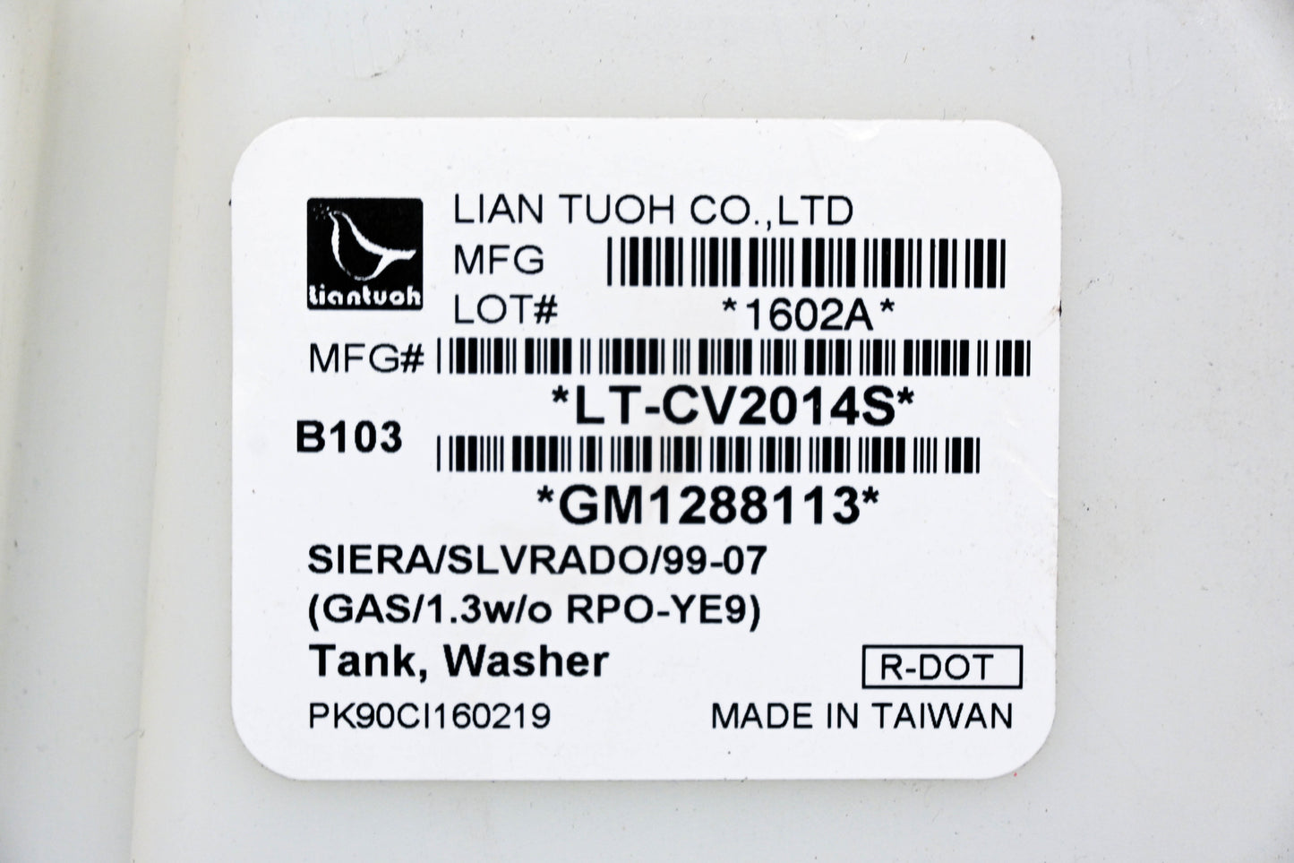 Lian Tuoh LT-CV2014S, GM1288113 Washer Fluid Tank NOS