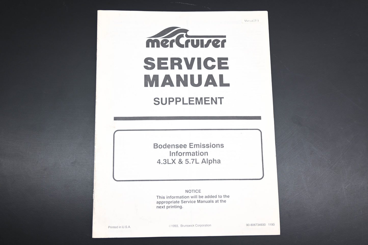 Mercruiser 90-806734930 1193 Bodensee Emissions 4.3LX 5.7L Alpha Supplement Manual