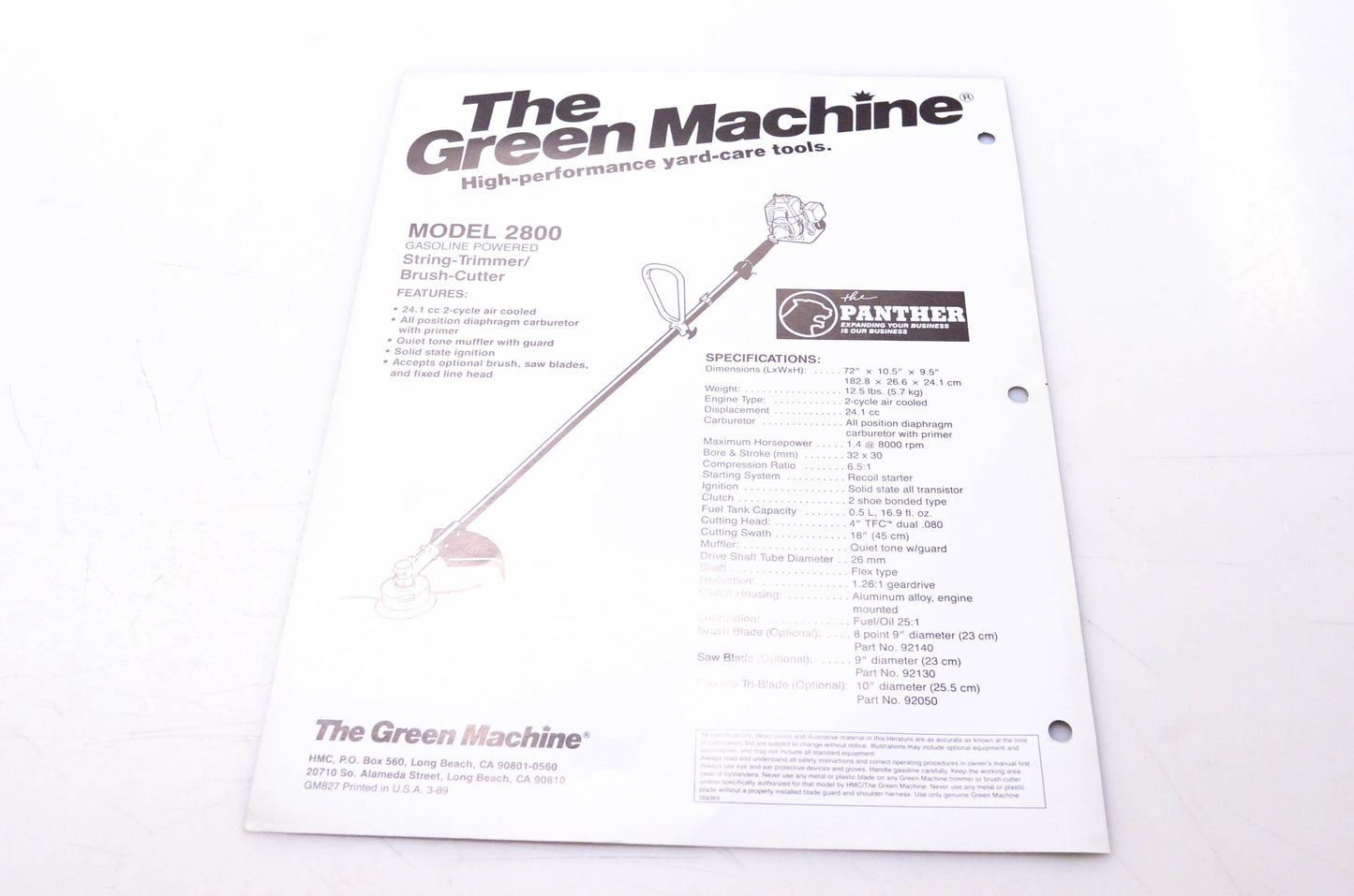 The Green Machine GM827 Model 2800 String Trimmer Brush Cutter Brochure