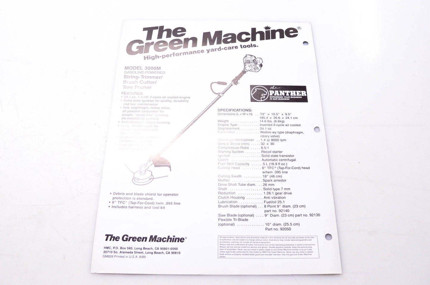 The Green Machine GM828 Model 3000M String Trimmer Brush Cutter Tree Pruner Brochure
