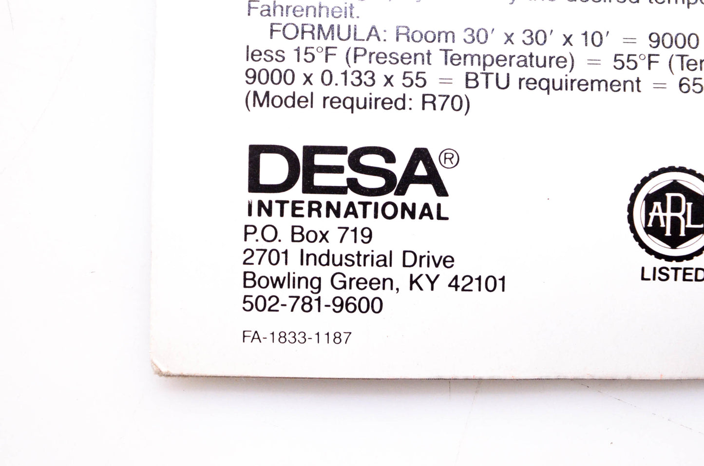 DESA International FA-1833-1187 Reddy Heater Portable Forced Air Heaters Brochure