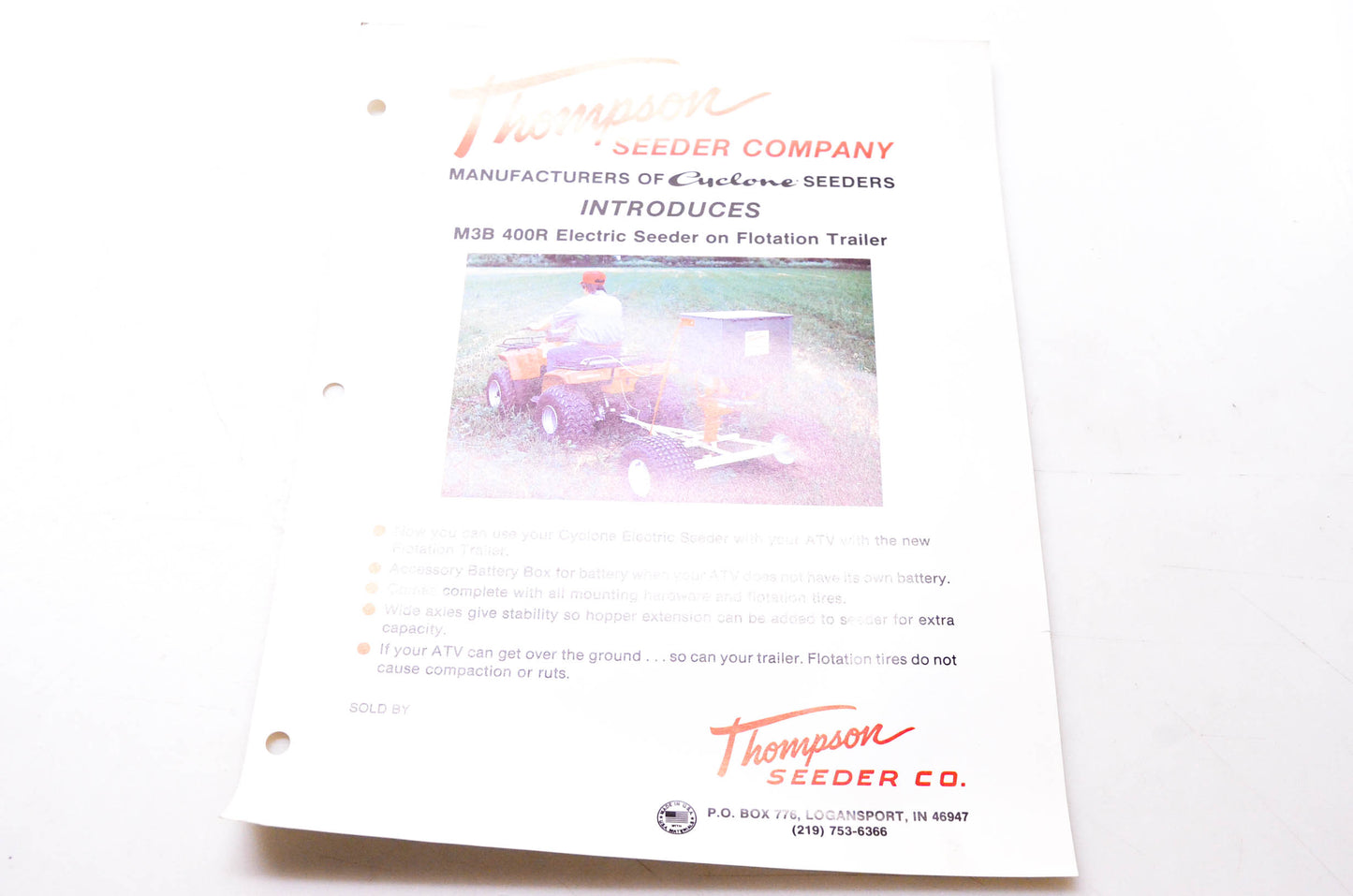 Thompson Seeder Company TFT 12-88 Electric Seeder on Flotation Trailer Brochure