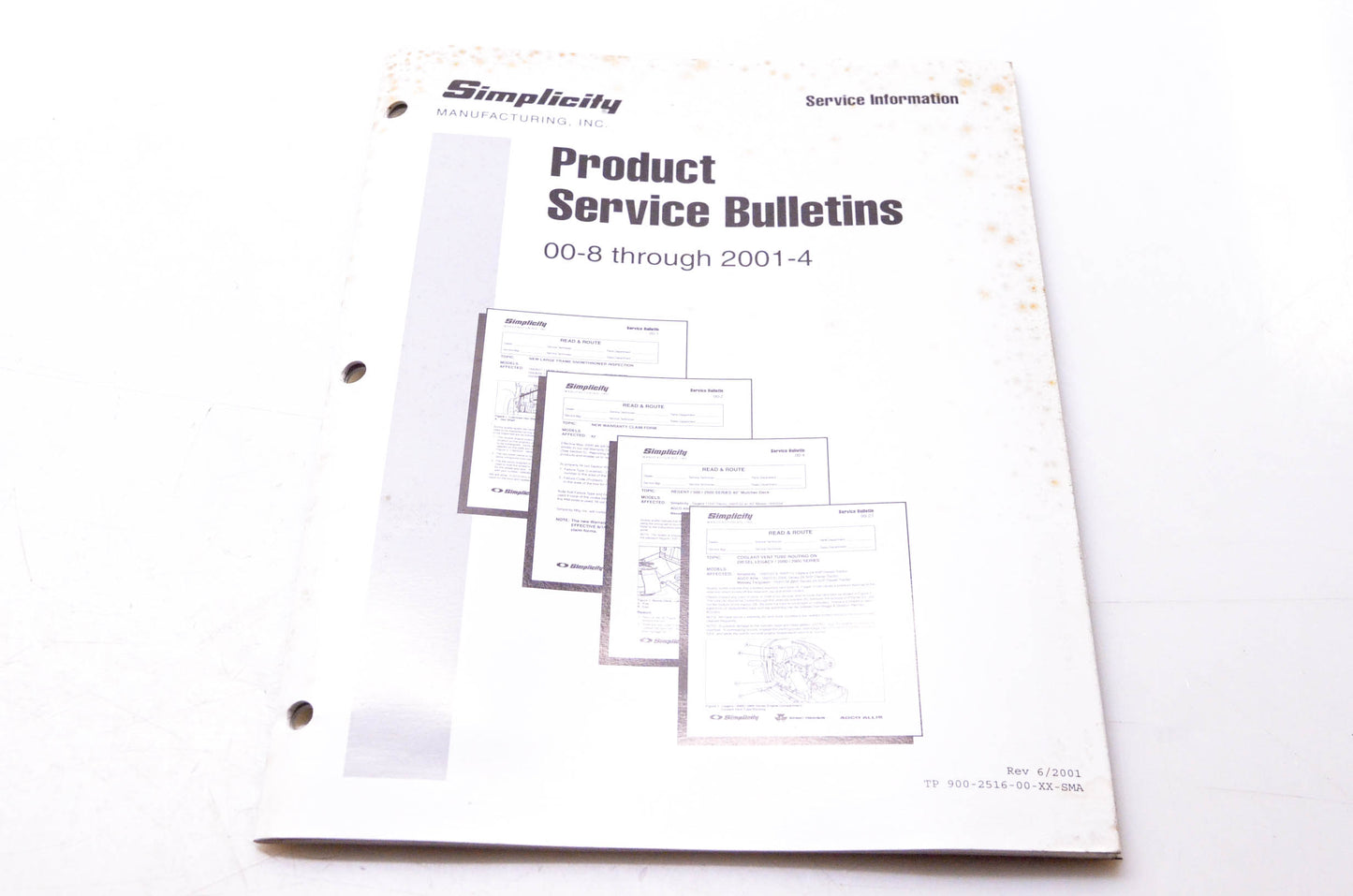 Simplicity Manufacturing 900-2516-00-XX-SMA Product Service Bulletins 00-8 through 2001-1