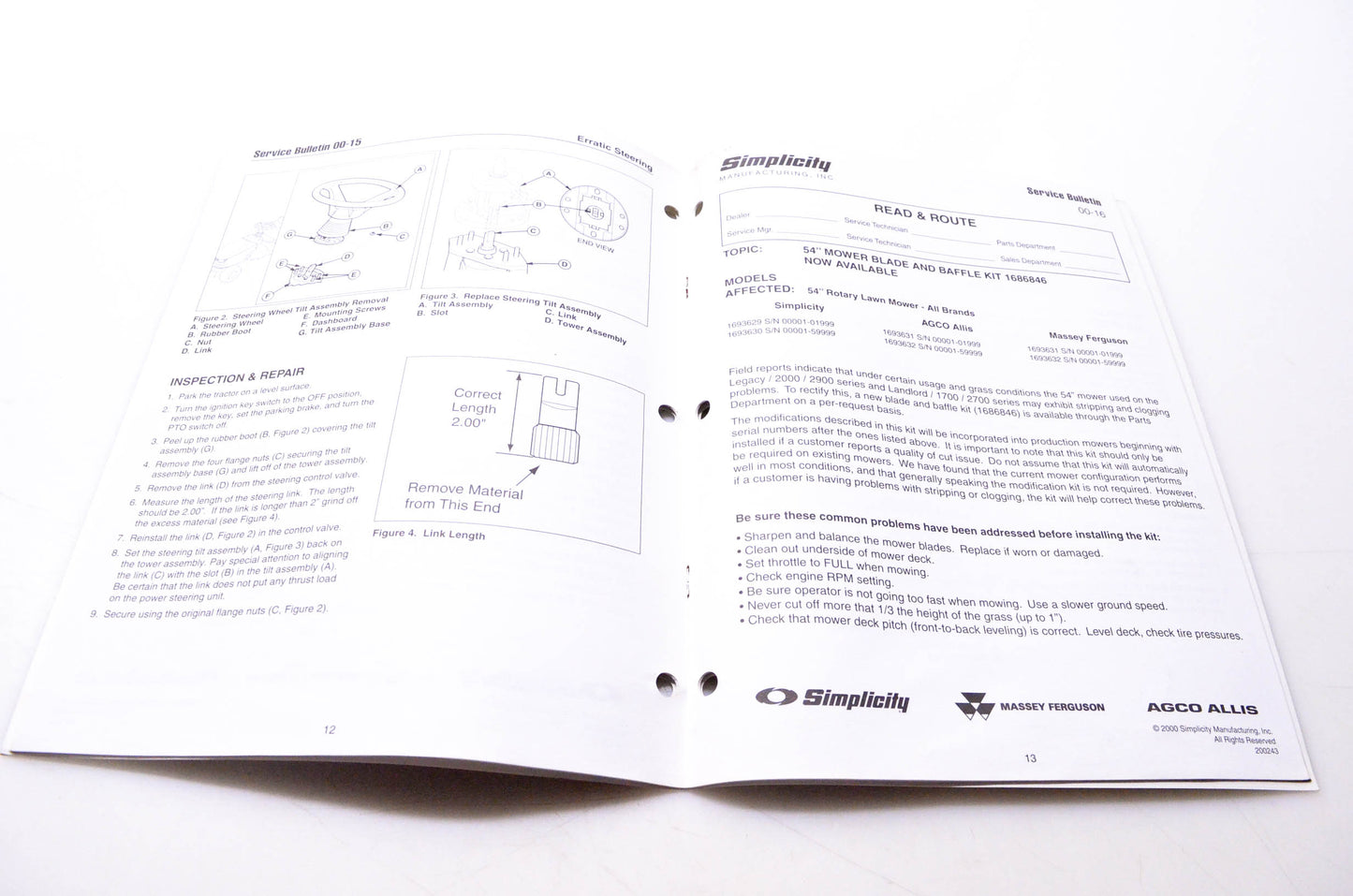 Simplicity Manufacturing 900-2516-00-XX-SMA Product Service Bulletins 00-8 through 2001-1