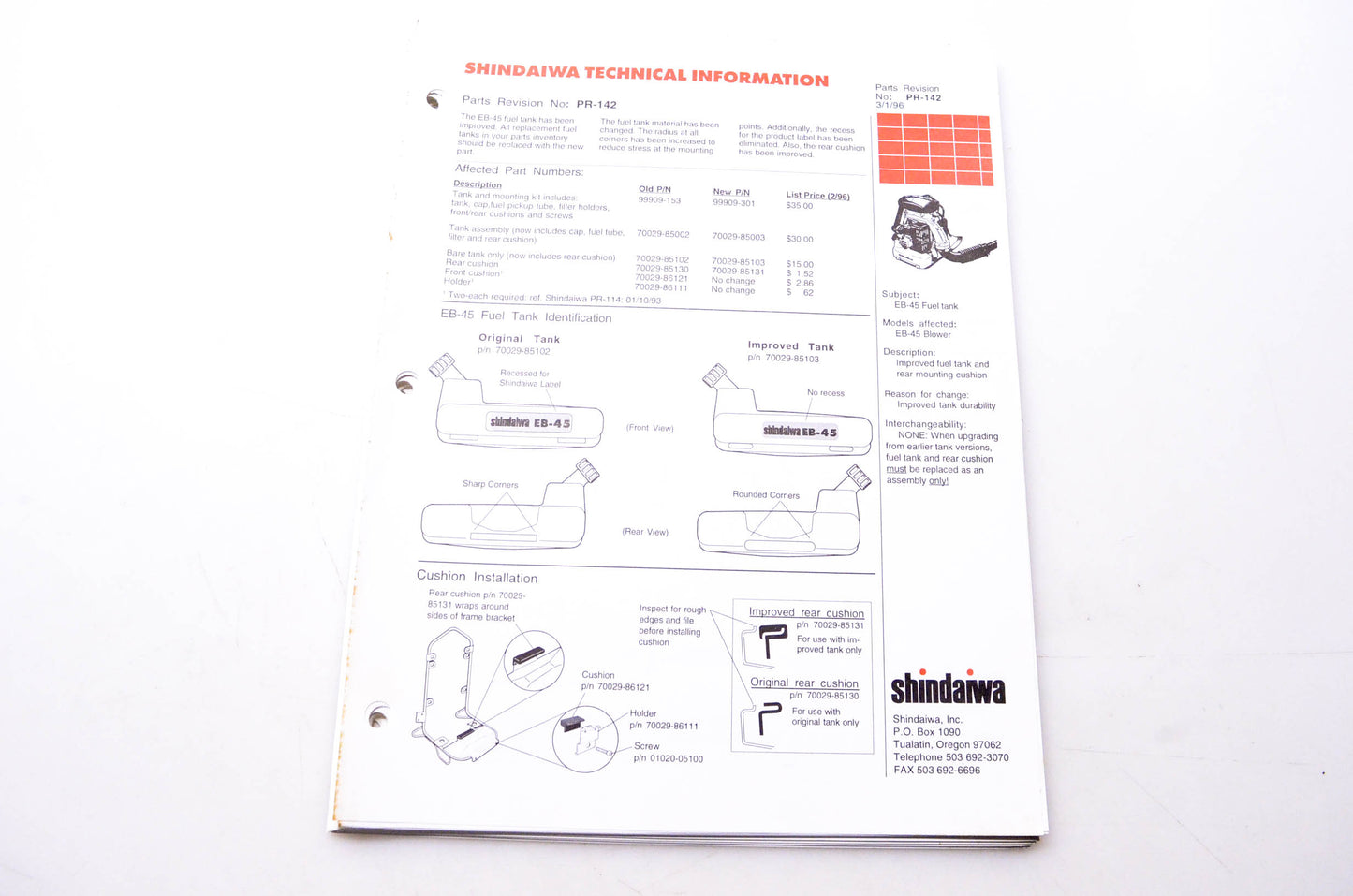 Shindaiwa PR-142, PR-151, PR-152 Shindaiwa Parts Revision Technical Information Sheets