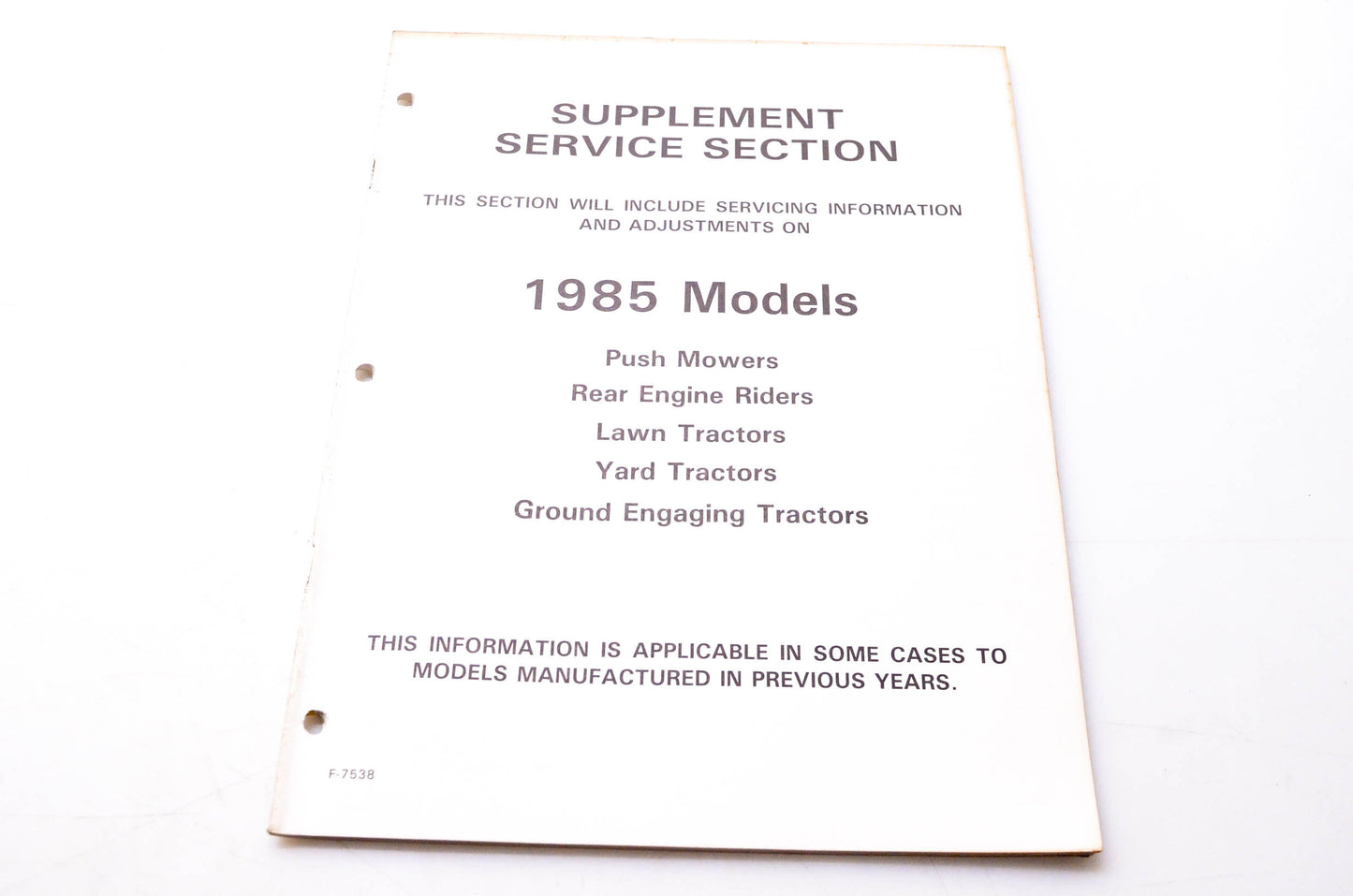 Murray F-7538 Supplement Service Section 1985 Models