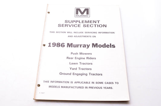 Murray F-7997 Supplement Service Section 1986 Murray Models