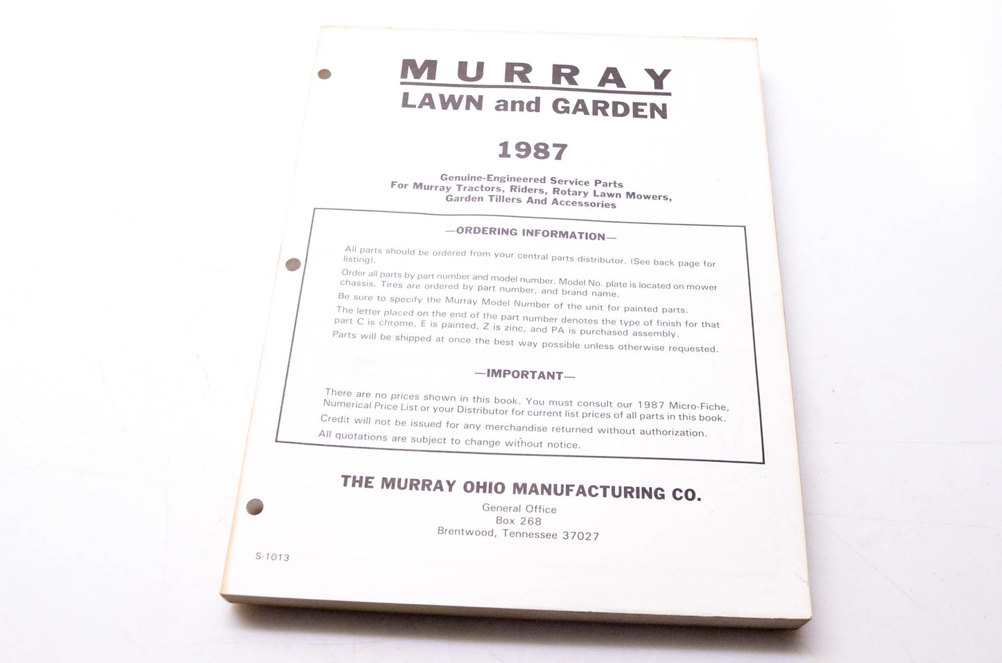 Murray S-1013 Lawn & Garden 1987 Genuine-Engineered Service Parts
