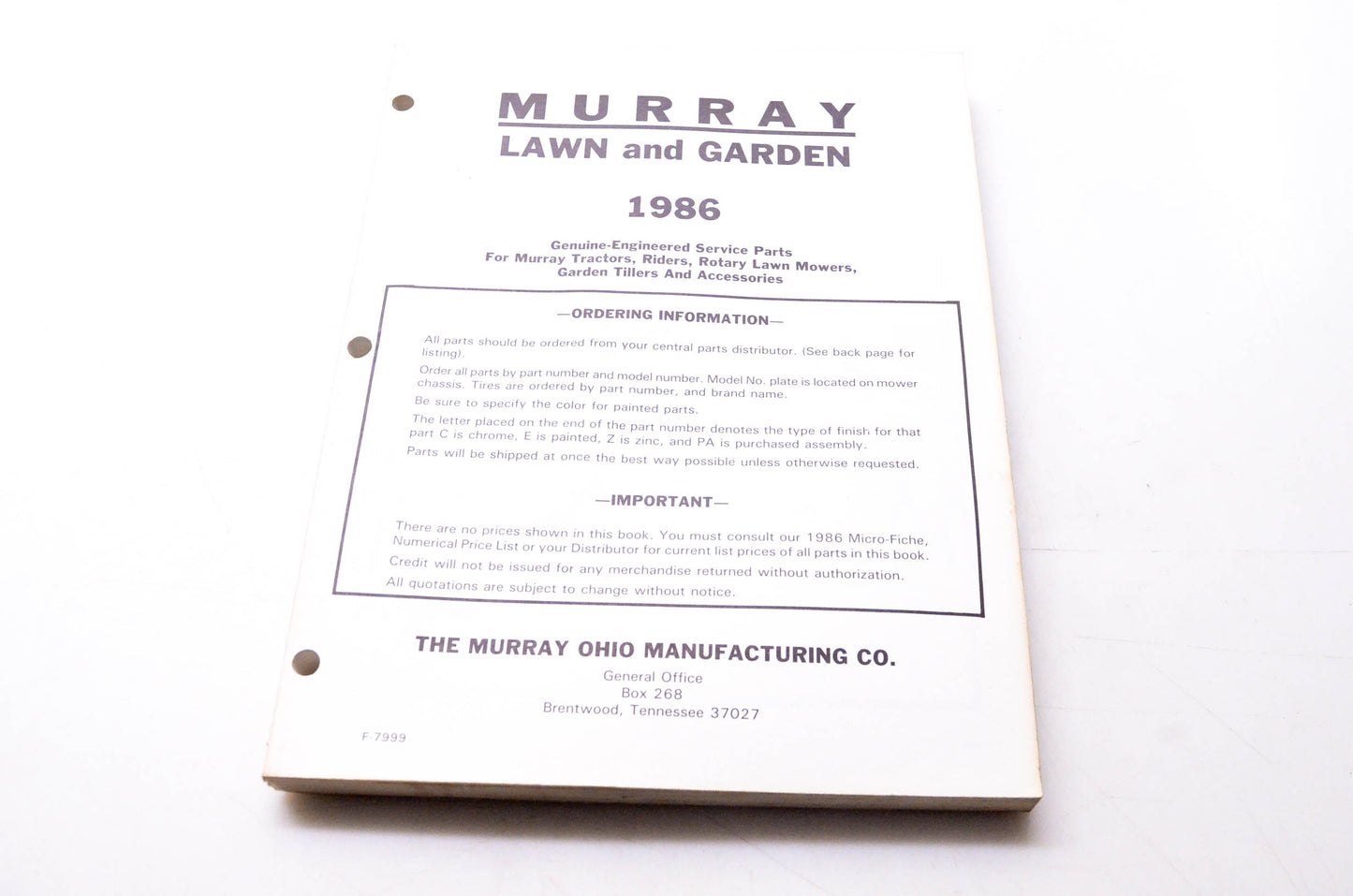 Murray F-7999 Lawn & Garden 1986 Genuine-Engineered Service Parts