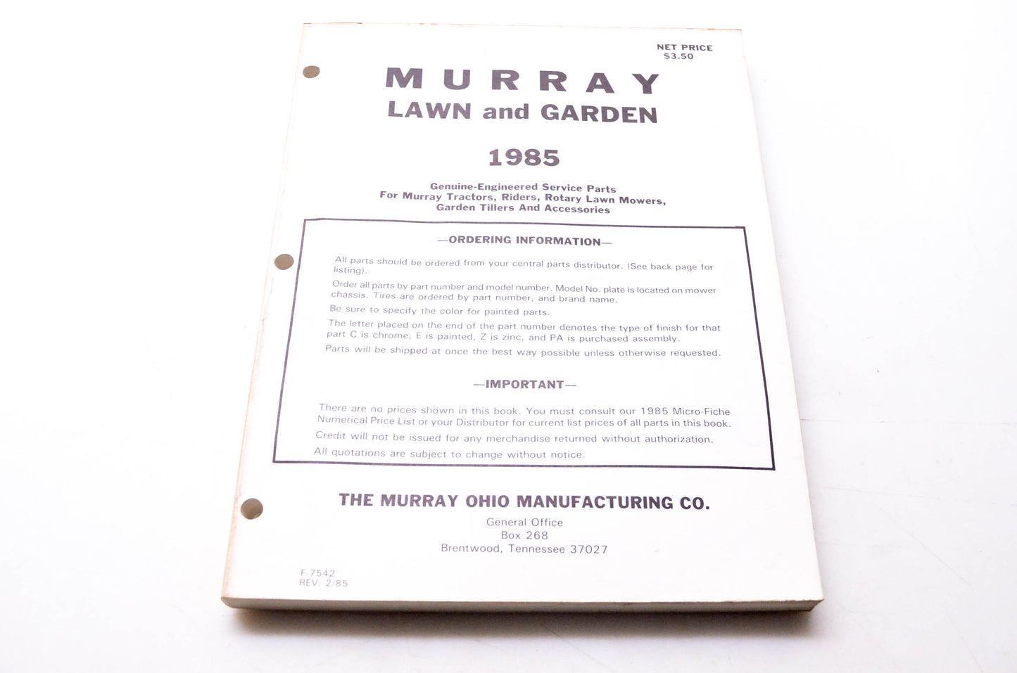 Murray F-7542 Lawn & Garden 1985 Genuine-Engineered Service Parts