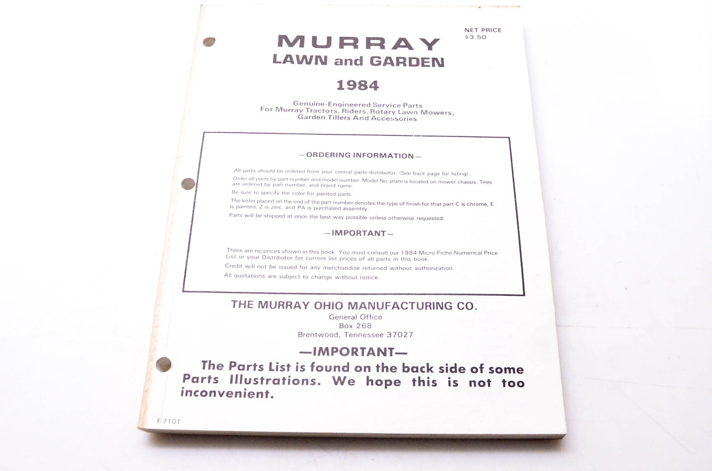 Murray F-7101 Lawn & Garden 1984 Genuine-Engineered Service Parts