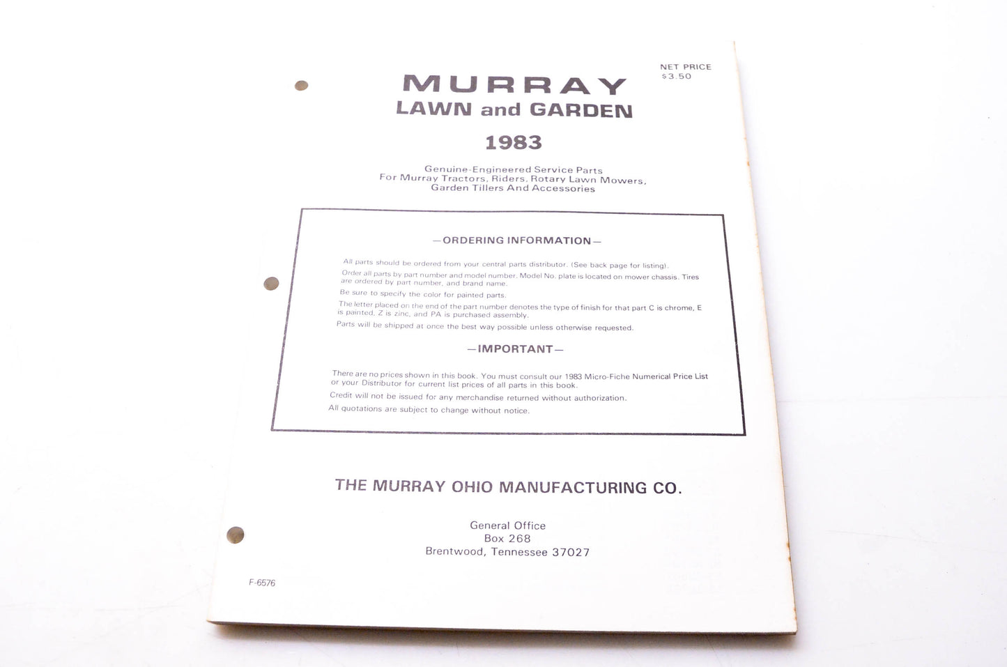 Murray F-6576 Lawn & Garden 1983 Genuine-Engineered Service Parts