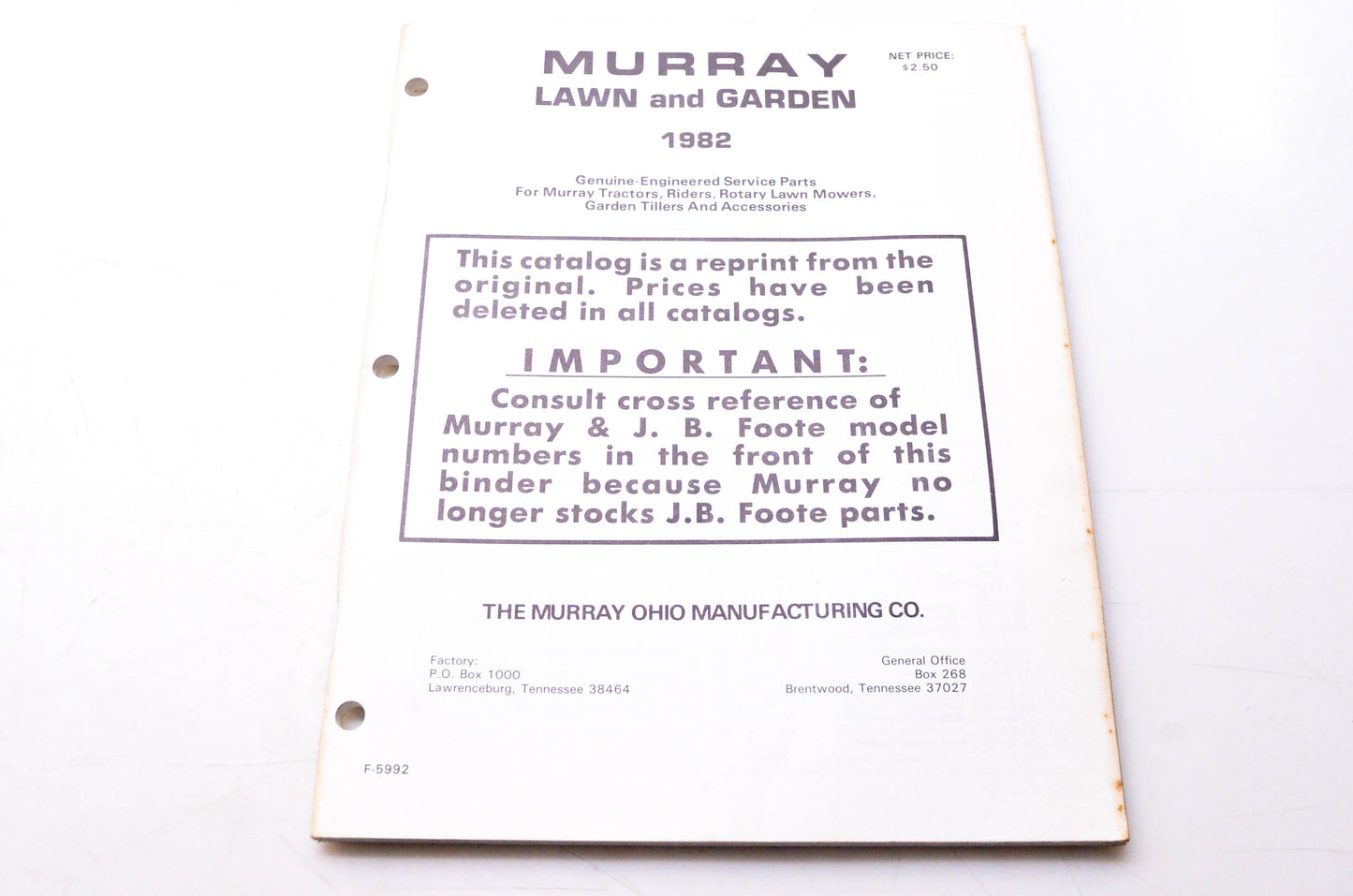 Murray F-5992 Lawn & Garden 1982 Genuine-Engineered Service Parts