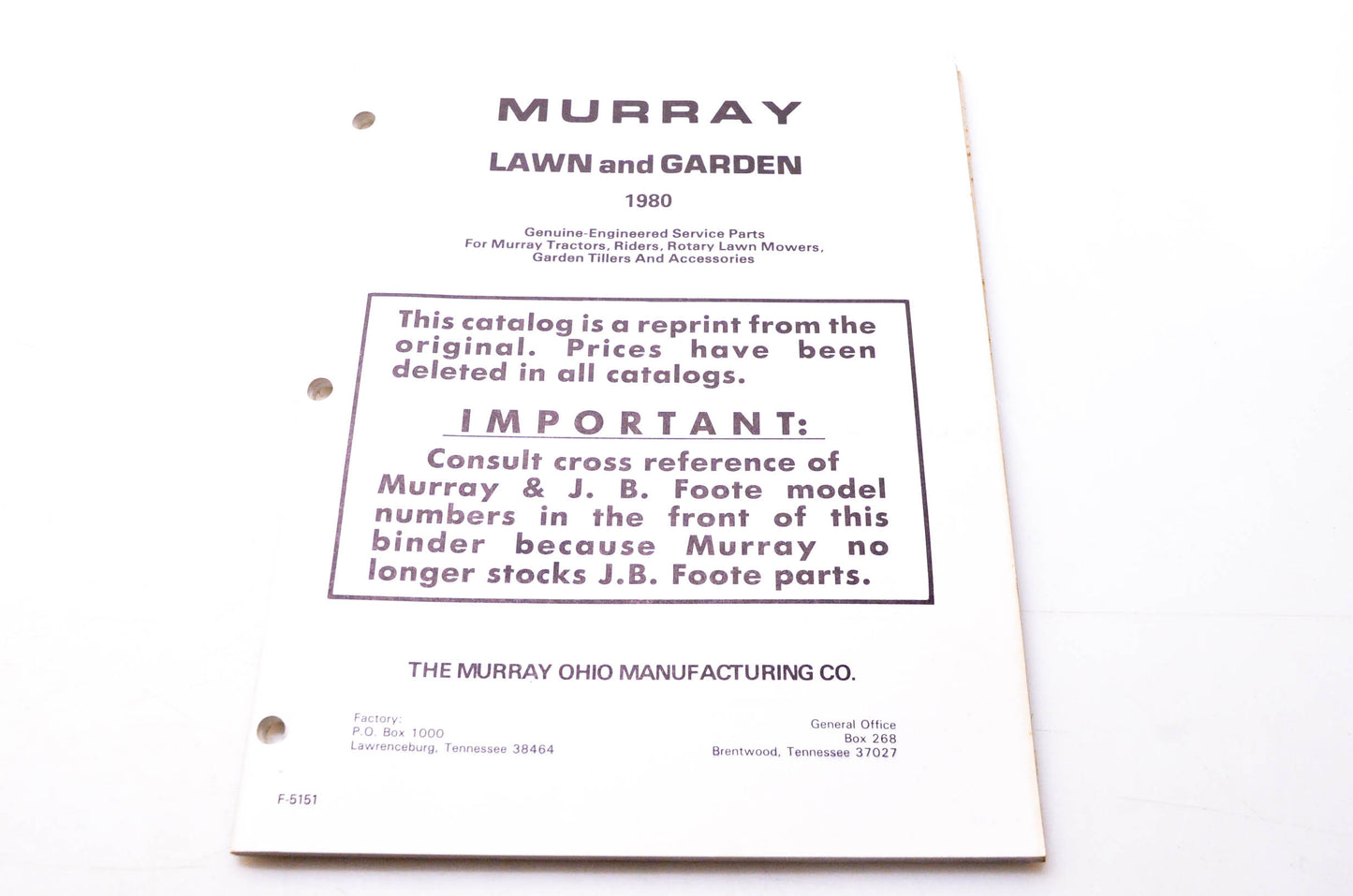 Murray F-5151 Lawn & Garden 1980 Genuine-Engineered Service Parts