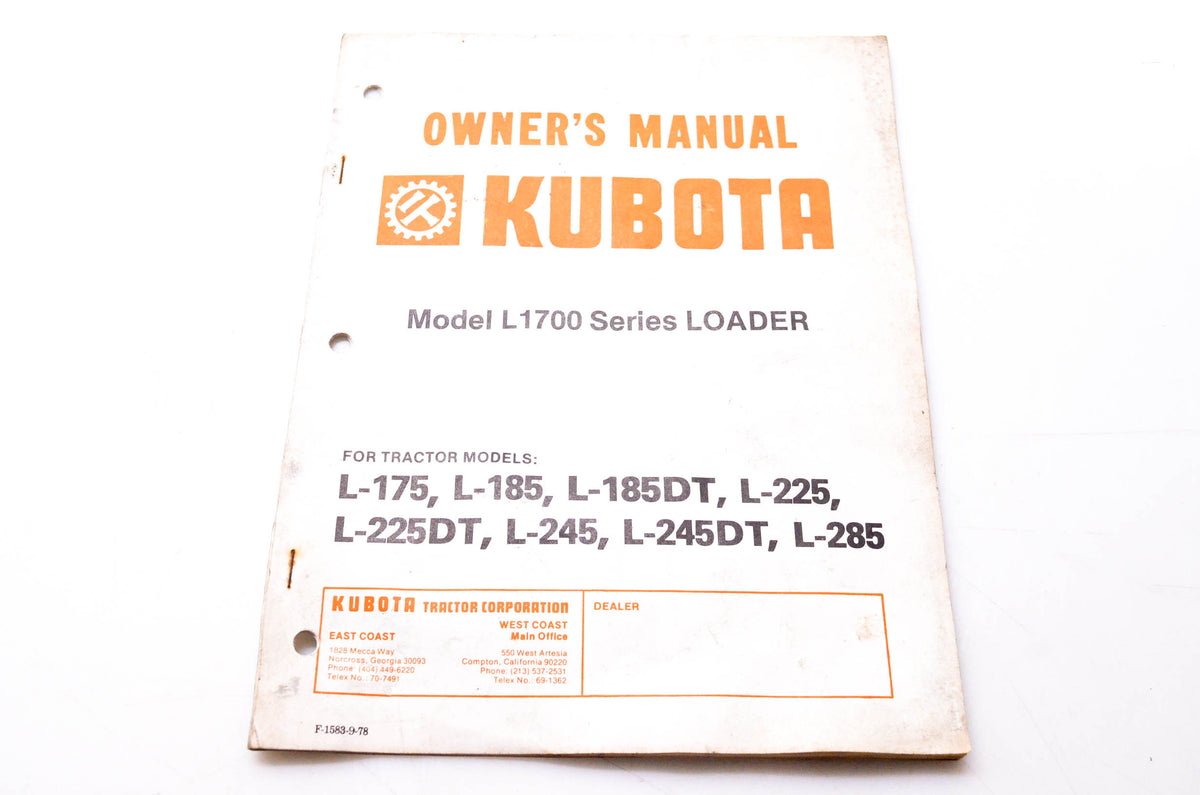 Kubota F-1583-9-78 Owner's Manual Model L1700 Series Loader