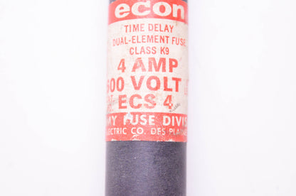 Economy Fuse Division ECS 4, 2613297, B38 56 Econ Time Delay Dual-Element Fuse Class K9 4 Amp 600 Volt NOS