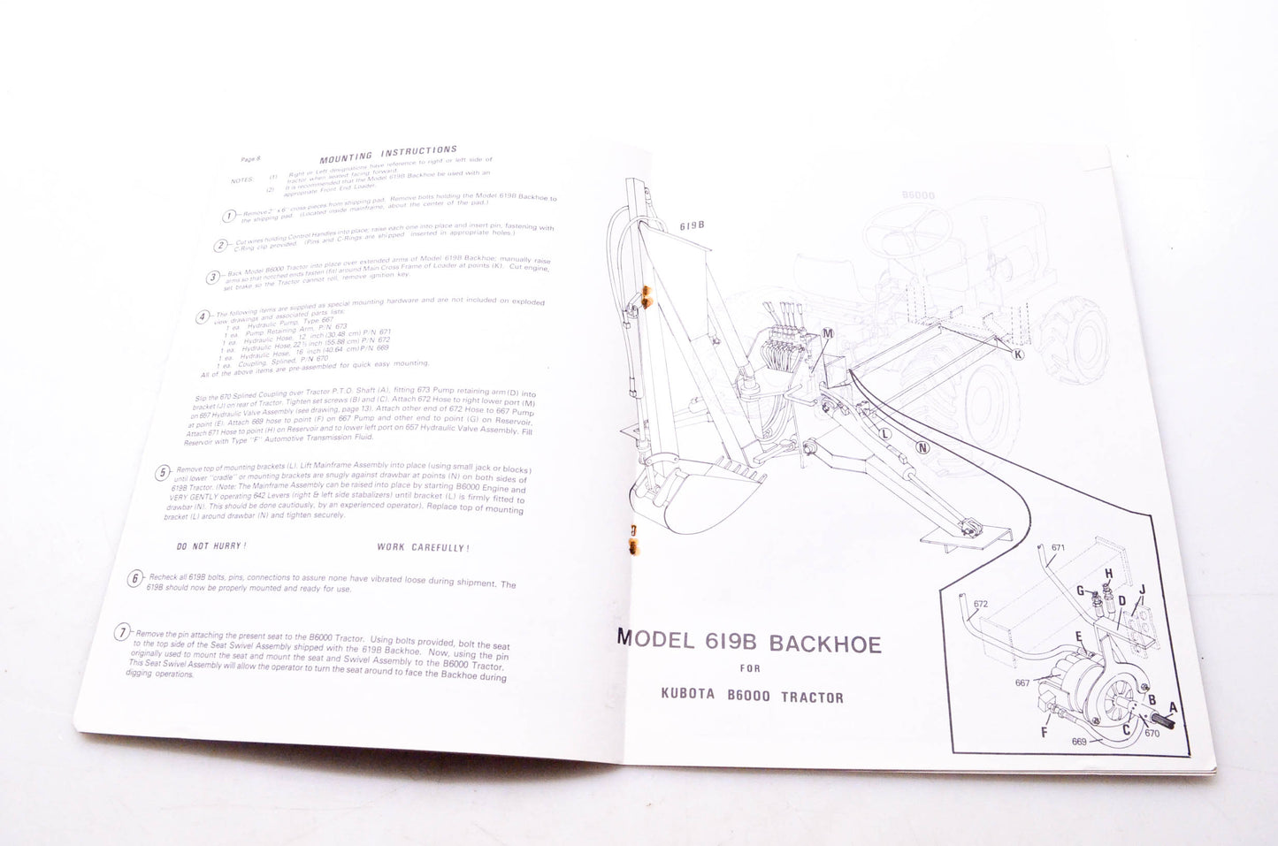 Kubota January '76 Operator's Manual Model 619B Backhoe for Kubota B6000 Tractor