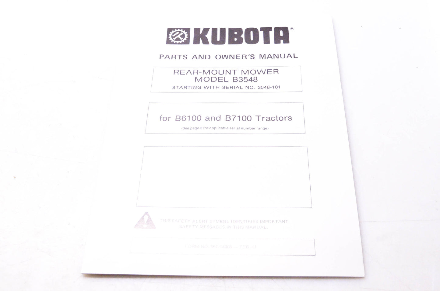 Kubota 551-14006 Parts & Owner's Manual Rear-Mount Mower Model B3548