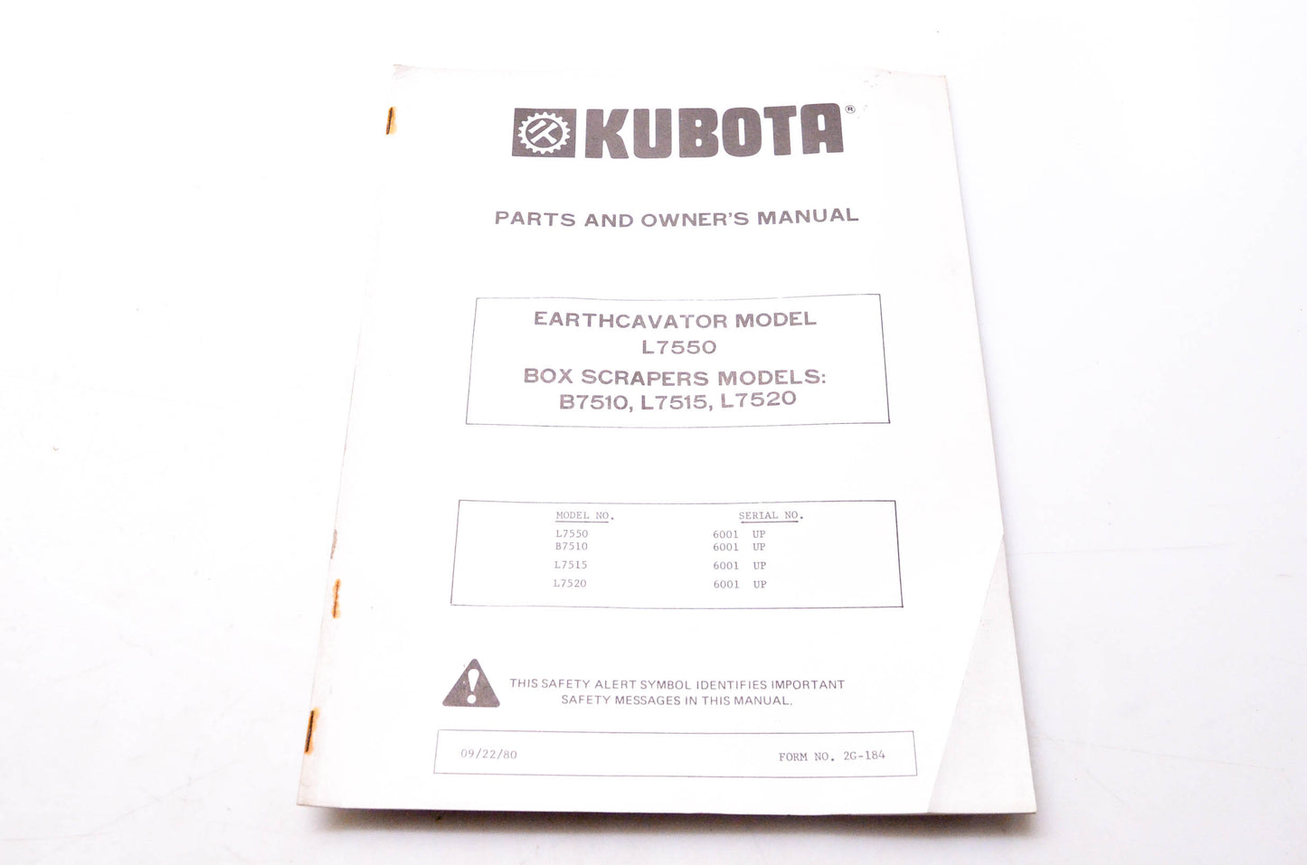 Kubota 2G-184 Parts & Owner's Manual Earthcavator Model L7550