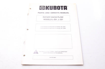 Kubota RSP 7920 K Parts & Owner's Manual Rotary Snow Plow Models L-221 & l-321