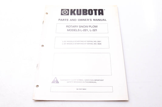 Kubota RSP 7920 K Parts & Owner's Manual Rotary Snow Plow Models L-221 & l-321