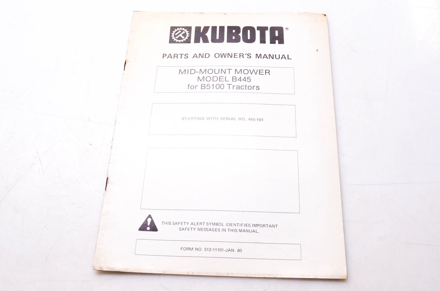Kubota 512-11101 Parts & Owner's Manual Mid-Mount Mower Model B445