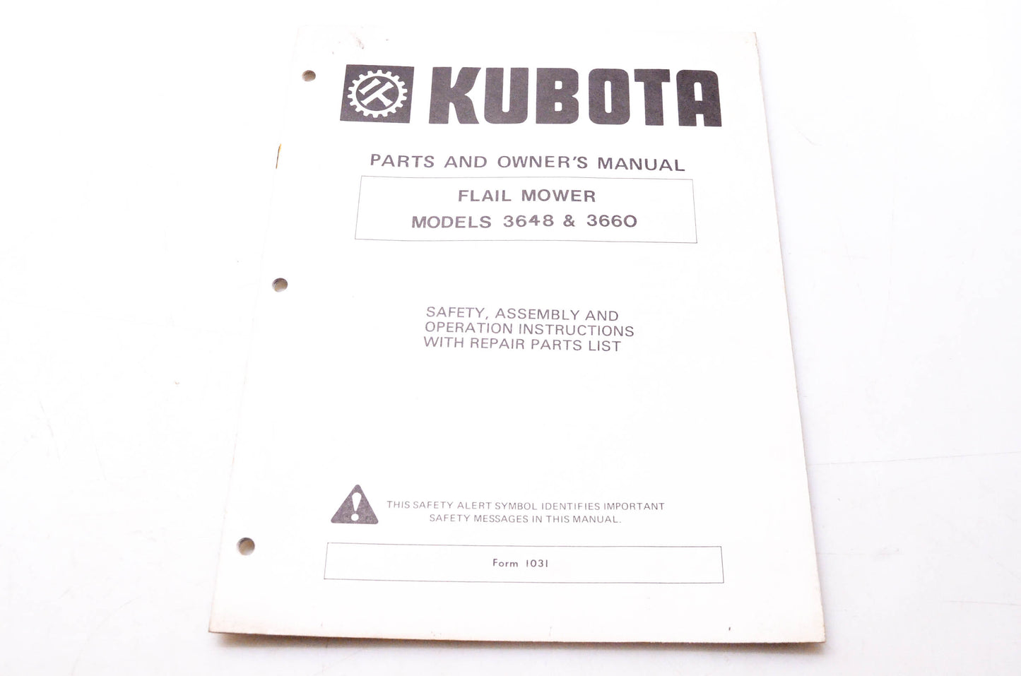 Kubota 1031 Parts & Owner's Manual Flail Mower Models 3648 & 3660