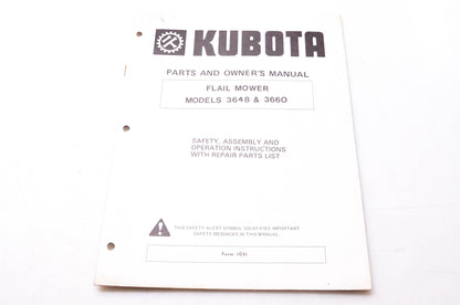 Kubota 1031 Parts & Owner's Manual Flail Mower Models 3648 & 3660