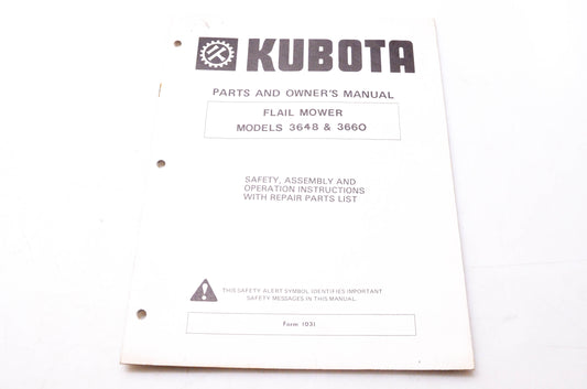 Kubota 1031 Parts & Owner's Manual Flail Mower Models 3648 & 3660
