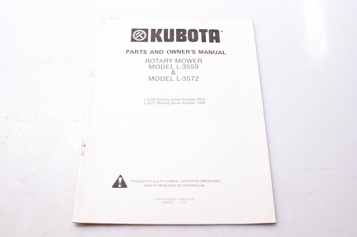 Kubota 70000-00204, 8084675 Parts & Owner's Manual Rotary Mower Model L-3559 & L-3572