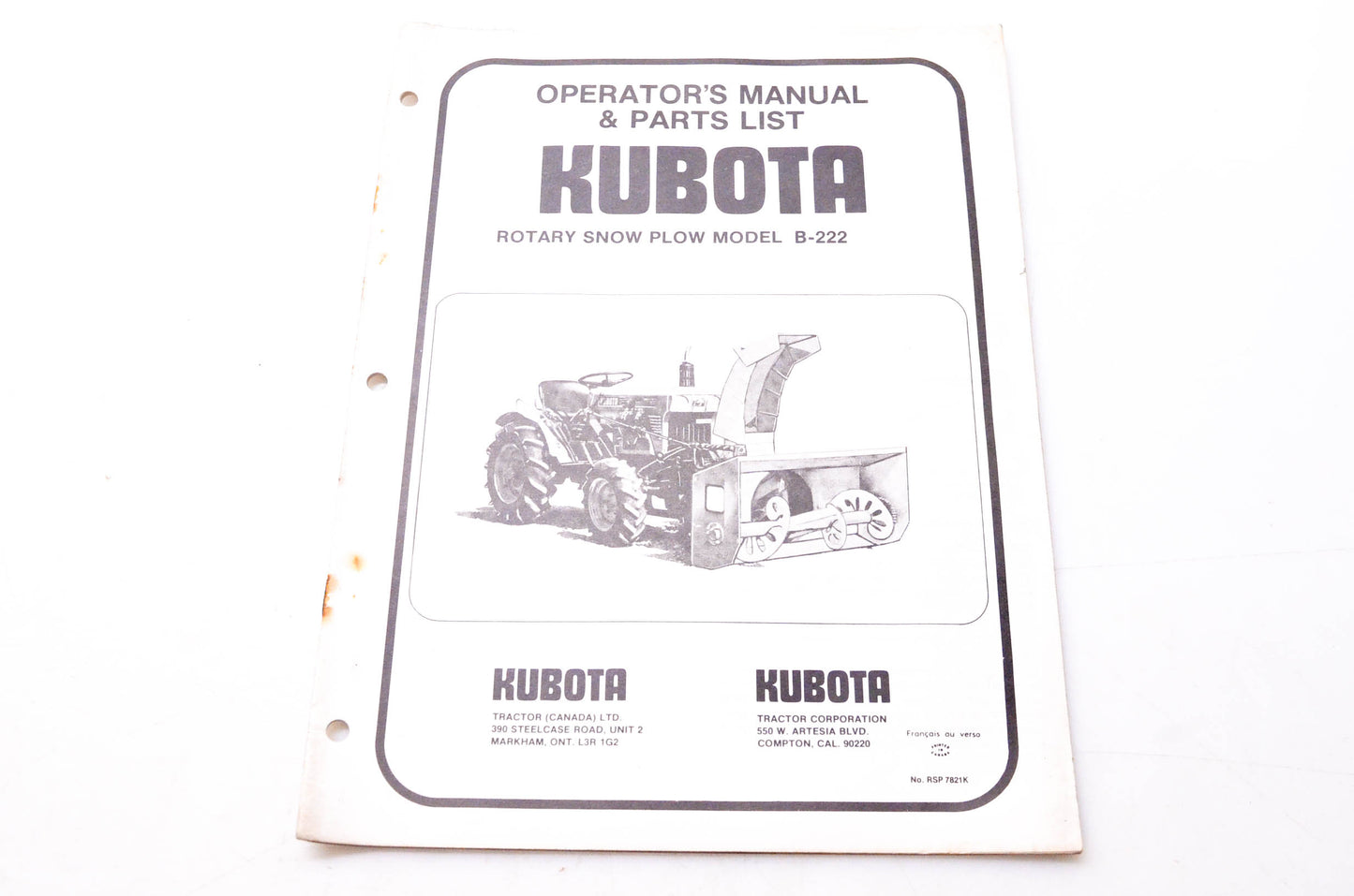 Kubota RSP 7821K Operator's Manual & Parts List Rotary Snow Plow Model B-222
