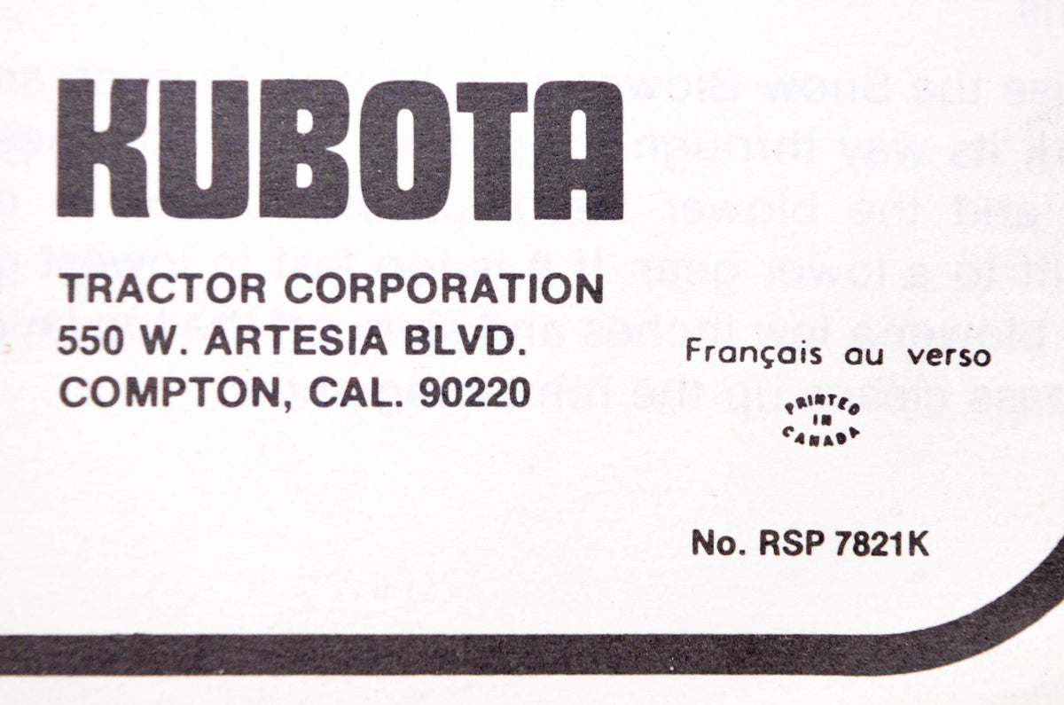 Kubota RSP 7821K Operator's Manual & Parts List Rotary Snow Plow Model B-222