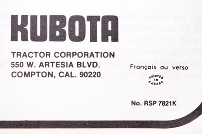 Kubota RSP 7821K Operator's Manual & Parts List Rotary Snow Plow Model B-222