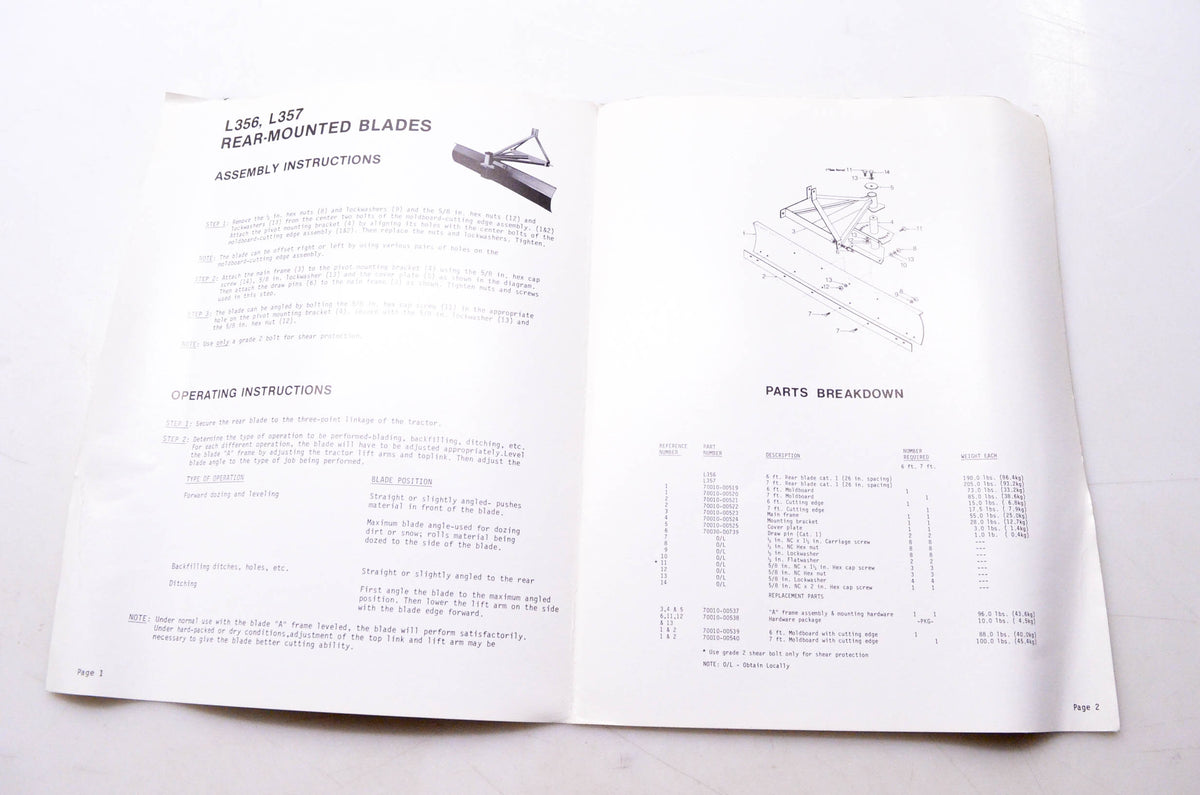 Kubota K8-439-1079 Parts & Owner's Manual L356 L357 Rear-Mounted Blade
