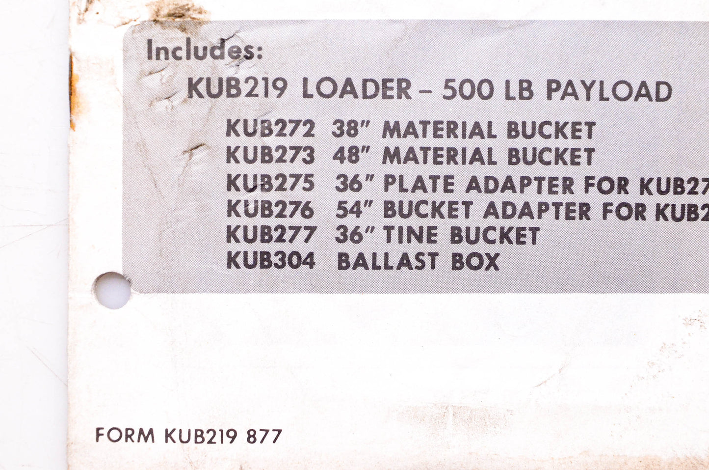 Kubota KUB219 877 Owner's Manual Kubota Loader Model KUB219