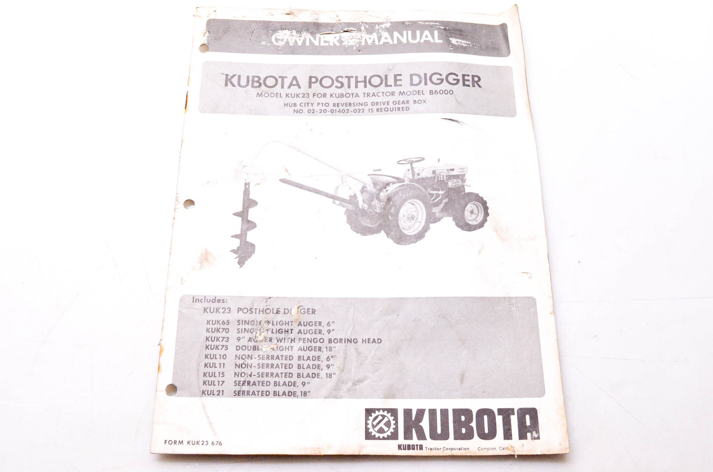 Kubota KUK23 676 Owner's Manual Kubota Posthole Digger