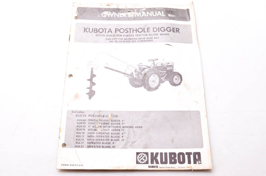 Kubota KUK23 676 Owner's Manual Kubota Posthole Digger