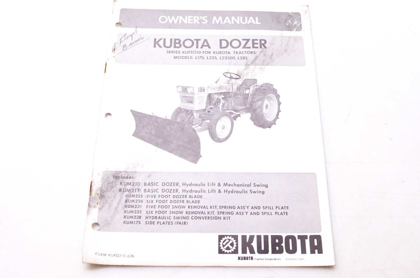 Kubota KUFD210 676 Owner's Manual Kubota Dozer Series KUFD210