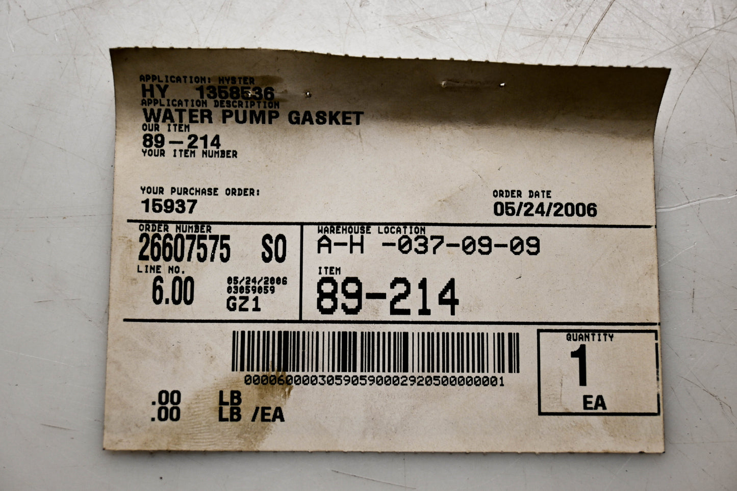Hyster 1358536, 89-214 Water Pump Gasket NOS