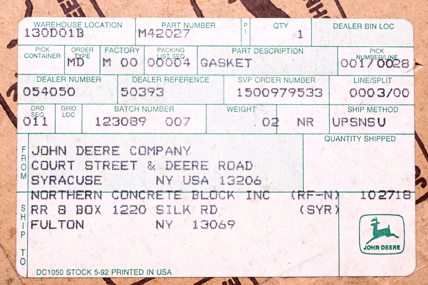 New OEM John Deere M42027, 850903DY Gasket NOS