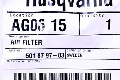 New OEM Husqvarna 501 87 97-03, 501879703 Air Filter NOS