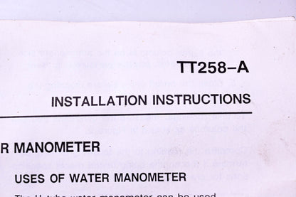 Kohler TT258-A U-Tube Water Manometer NOS