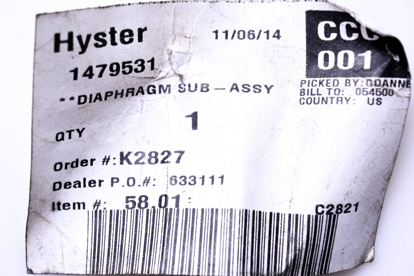 Hyster 1479531 Diaphragm Sub NOS
