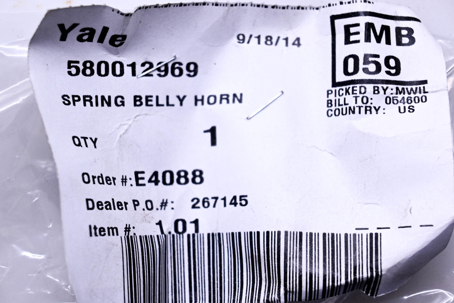 Yale 580012969 Horn Spring NOS