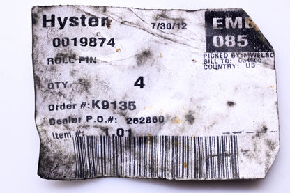 Hyster 0019874 Roll Pins Qty 4 NOS