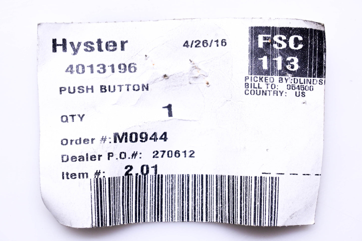 Hyster 4013196 Push Button NOS
