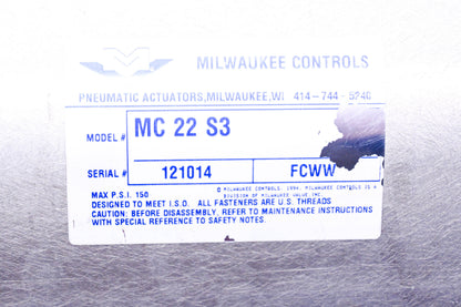 Milwaukee Controls MC 22 S3, MC22S3 Pneumatic Actuator NOS