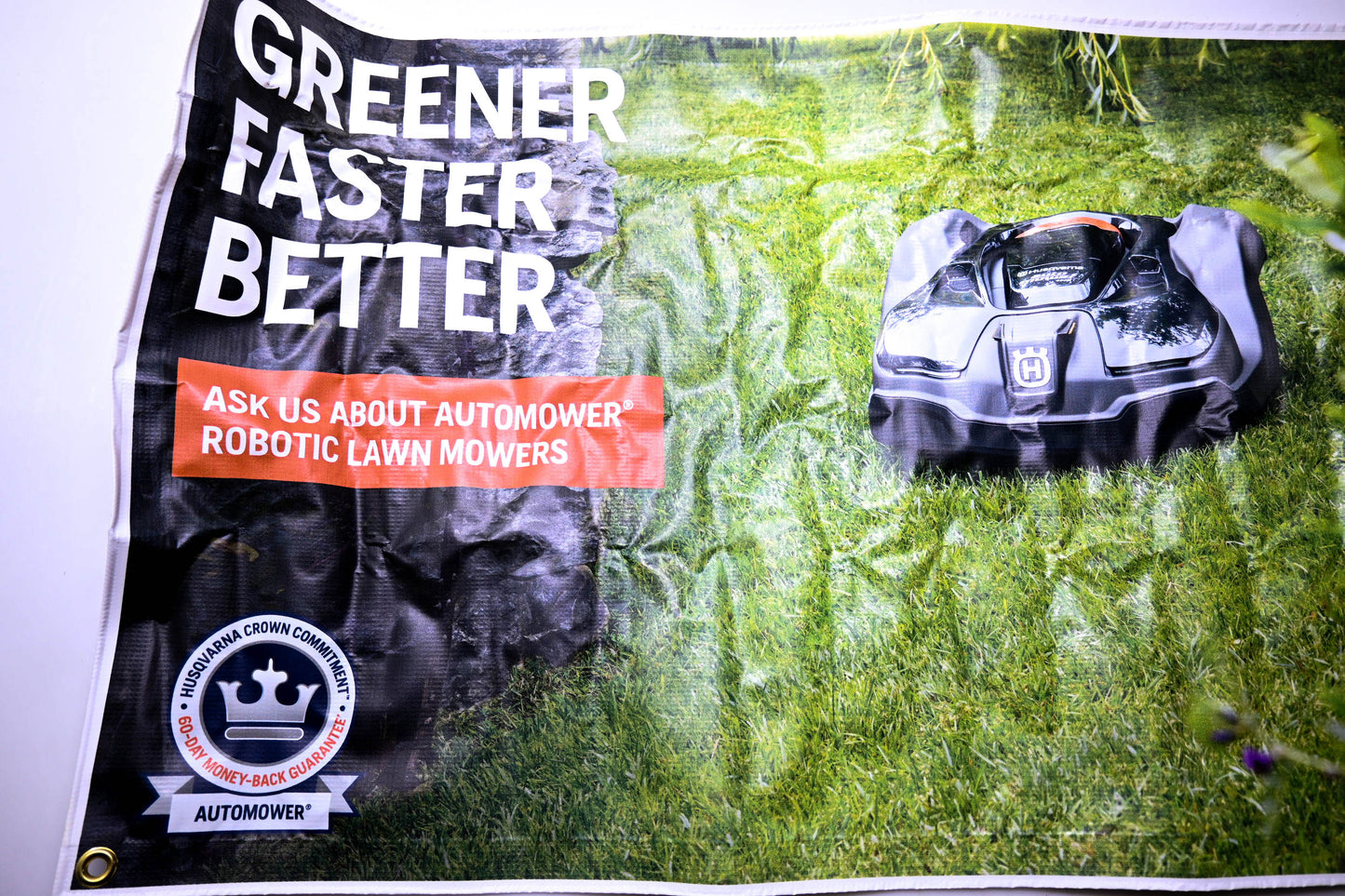 New OEM Husqvarna ZB025-12 Husqvarna Greener Faster Better Banner 41"x24" NOS