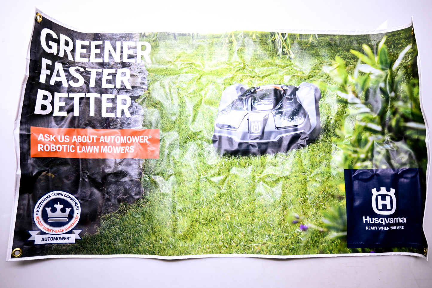 New OEM Husqvarna ZB025-12 Husqvarna Greener Faster Better Banner 41"x24" NOS