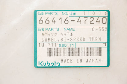 Kubota 66416-47240 Bi-Speed Turn Label NOS